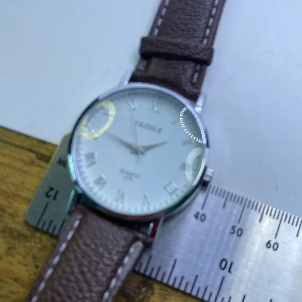 Mens Silver Brown Leather Watch Works New Battery